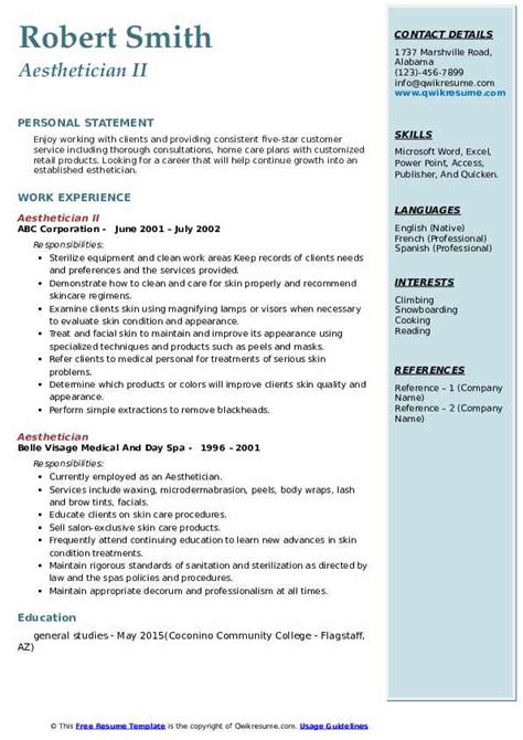 Aesthetician Resume Samples | QwikResume