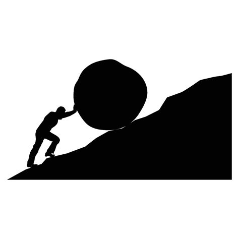 man pushing big boulder uphill. Concept of fatigue, effort, courage ...