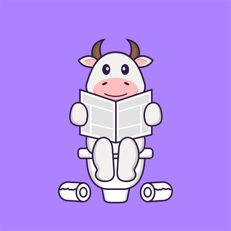 Cute cow Pooping On Toilet and read newspaper. Animal cartoon concept ...