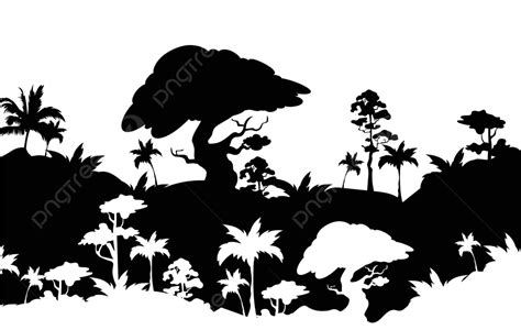 Monochrome Jungle Silhouette With Trees Palms And Hills Vector ...