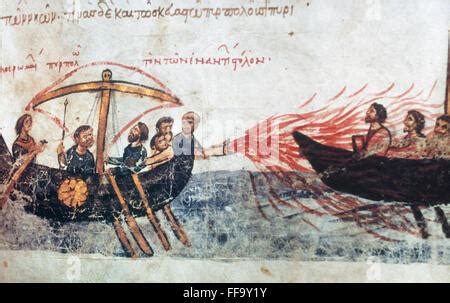 WARFARE: GREEK FIRE. /nUse of Greek Fire. Byzantine manuscript ...