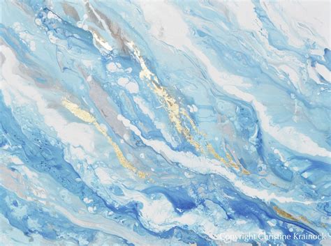 ORIGINAL Art Light Blue Aqua White Abstract Painting Gold Leaf Marbled ...