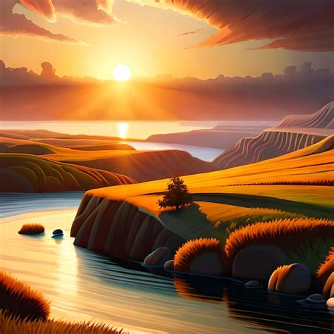 Premium AI Image | A painting of a river with a sunset in the background.