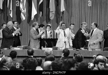 Jimmy Carter and Omar Torrijos signing the Panama Canal Treaty. ca. 06 ...