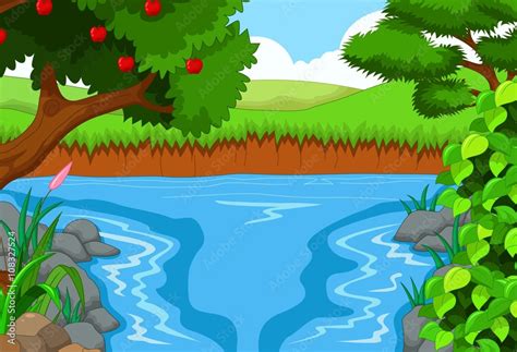 beautiful view of the river cartoon with forest landscape background ...