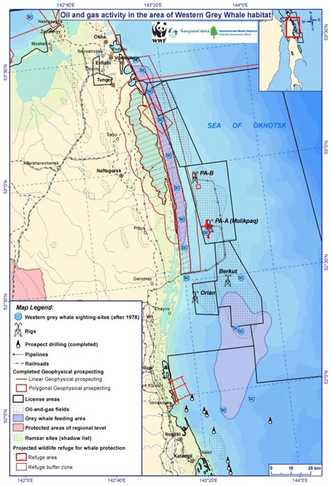 Map of Oil and Gas activity in the Western Gray Whale habitat ...