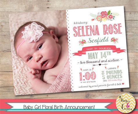 Baby girl floral birth announcement, Printable, Spring flowers baby ...