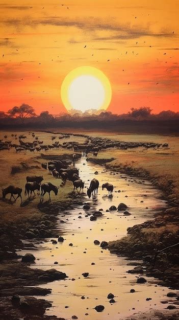 Premium AI Image | A painting of a river with a sunset in the background.