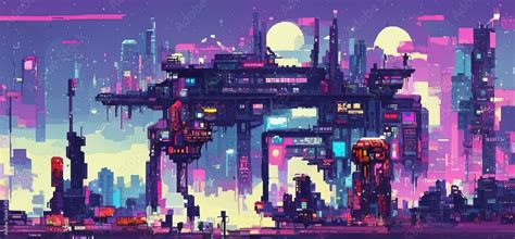 Ilustrace „Cyberpunk city night. Retro futuristic pixel art composition ...