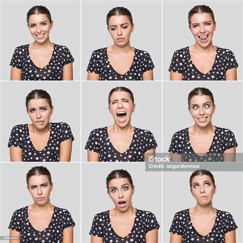 Young Beautiful Woman Making Various Facial Expressions Stock Photo ...