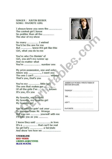 JUSTIN BIEBER FAVORITE GIRL - ESL worksheet by Nabila Manzur