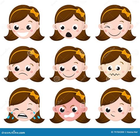 Girl Emotion Faces Cartoon. Set of Female Avatar Expressions Stock ...