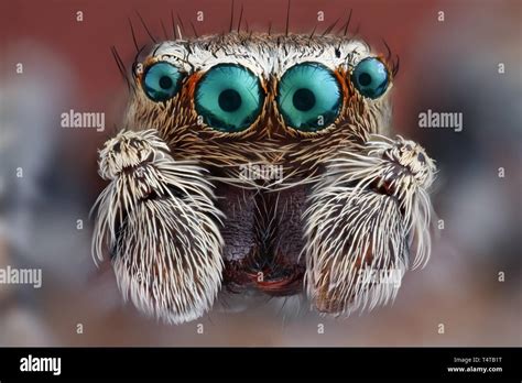 Close-up of a Jumping spider (Salticidae) with her large main eyes ...