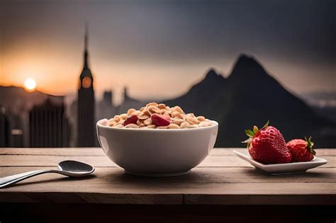 Premium AI Image | bowl of cereal with a strawberry and a bowl of cereal.