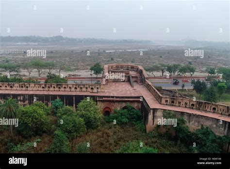 View of walls of Red Fort in Agra with dry Yamuna river, Agra, Uttar ...