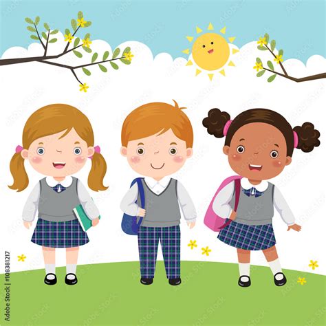 Three kids in school uniform going to school Stock Vector | Adobe Stock