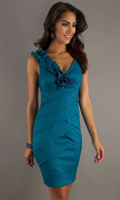 Teal Blue Short Cocktail Dress Wide Straps V-Neck Layered Flowers $82. ...