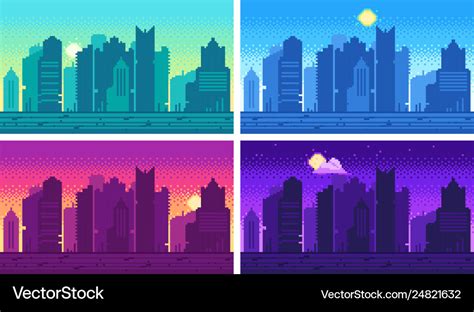 Pixel art cityscape town street 8 bit city Vector Image