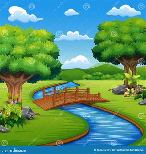 River Cartoons in the Middle Beautiful Natural SceneryBackground Scene ...