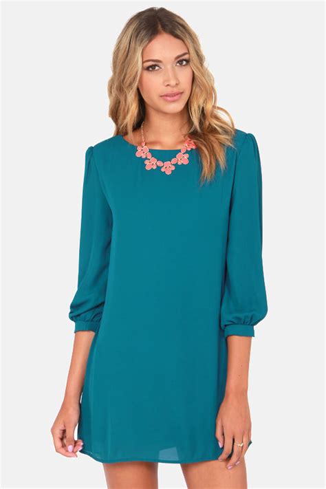 Cute Dark Teal Dress - Blue Dress - Shift Dress - Dress with Sleeves ...