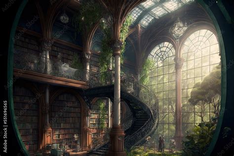 Ancient and abandoned fantasy library in old greenhouse cathedral of ...