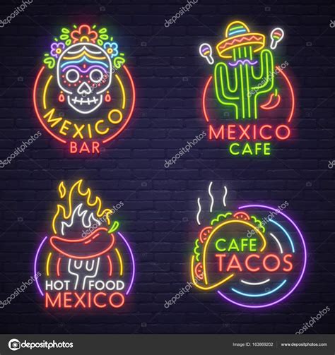 Set neon sign theme Mexico. bright signboard, light banner. Mexico food ...