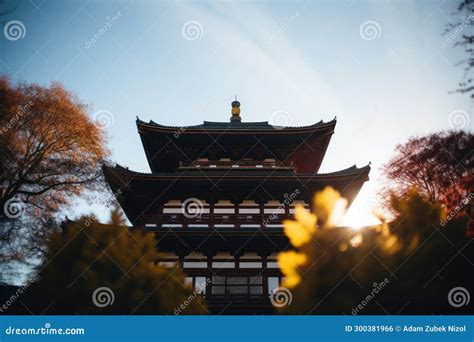 A Building with a Pagoda Roof Stock Illustration - Illustration of tree ...