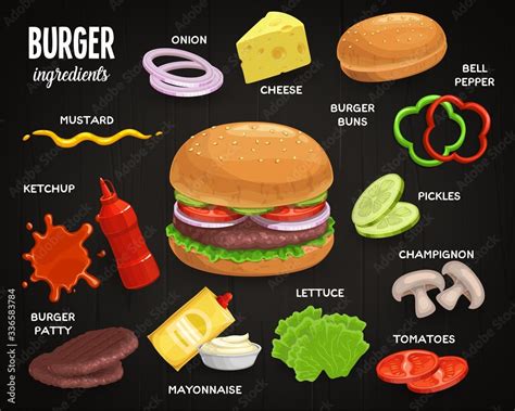 Burger ingredients, fast food sandwich menu, vector icons. Fastfood ...