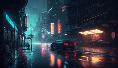 Premium Photo | A rainy night in cyberpunk city