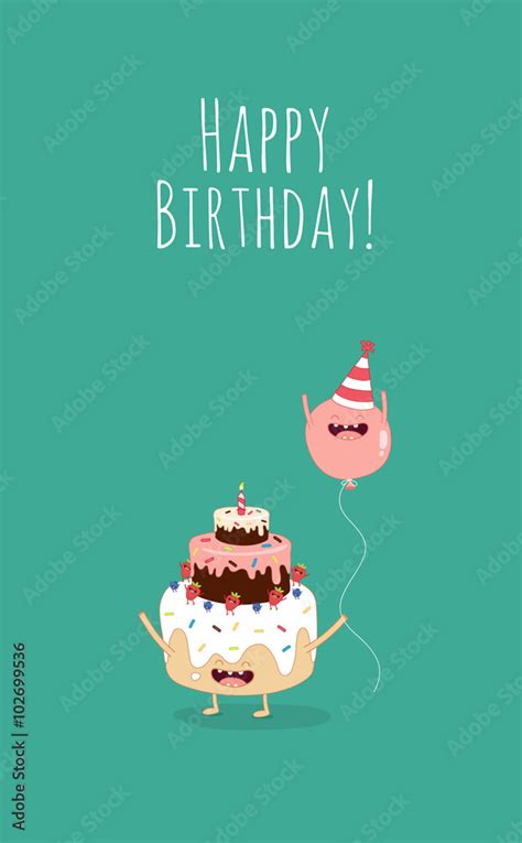 Happy birthday card. Funny birthday cake with pink balloons.Vector ...