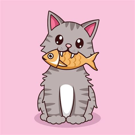 Premium Vector | Cute cat eating fish cartoon vector illustration