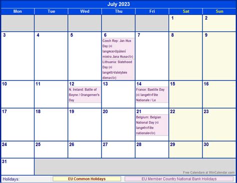 July 2023 EU Calendar with Holidays for printing (image format)