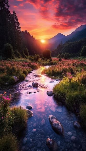 Premium AI Image | Sunset over a mountain river wallpaper