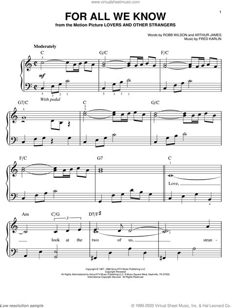 For All We Know, (easy) sheet music for piano solo (PDF)