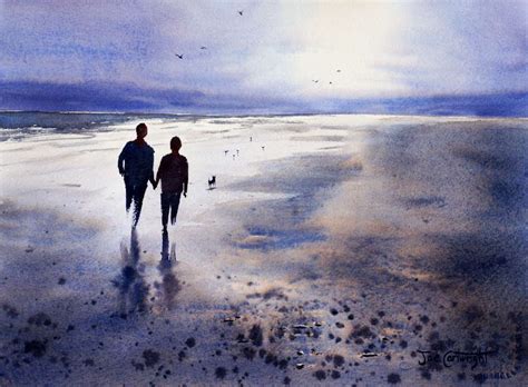 Watercolor landscape painting of atmospheric beach scene