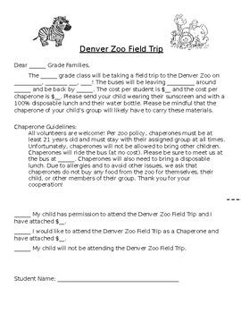 Denver Zoo Field Trip Permission Slip by Greg Conrardy | TpT