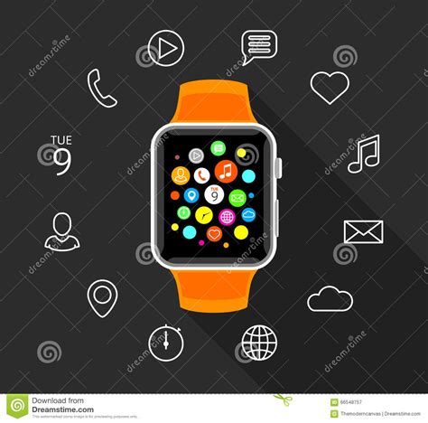 Modern Flat Orange Smartwatch with App Icons on Grey Background Stock ...