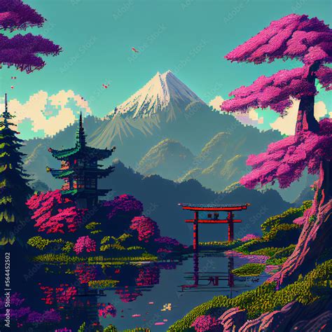 Pixel Art Illustration of a Japanese Landscape Generative Stock ...