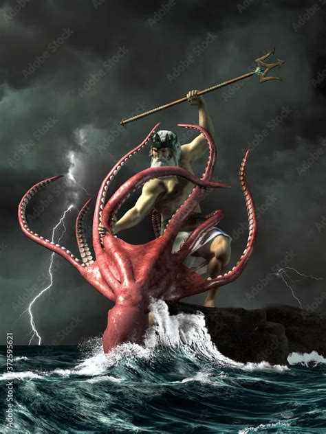 Poseidon, the ancient Greek got of the sea does battle with the Kraken ...