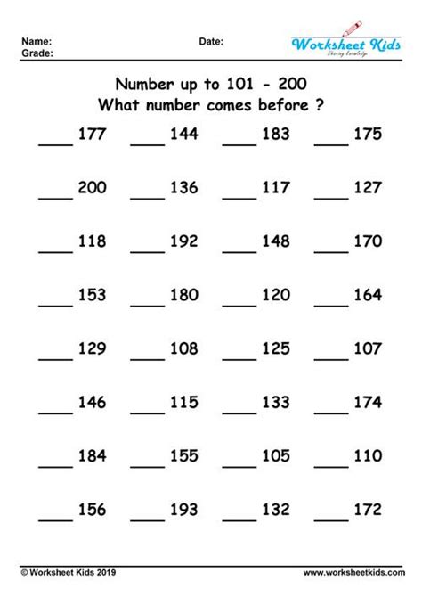 What number comes before ? 1 to 20, 100, 500, 1000 - Free Printable PDF