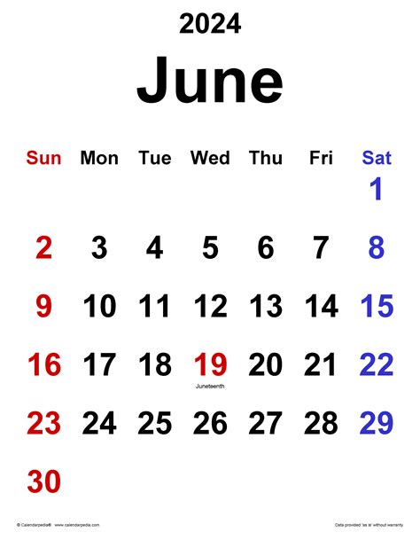 June 2024 Calendar Printable