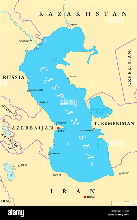 Caspian Sea region political map with most important cities, borders ...