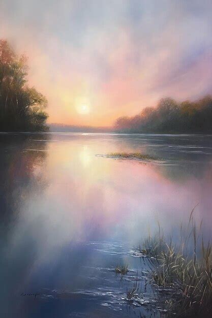 Premium AI Image | A painting of a sunset over a river