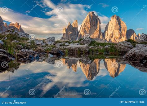 Tre Cime Di Lavaredo With Real Reflection In Lake, Dolomites Alps ...