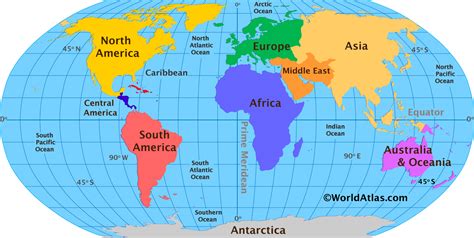 Labeled World Map with Oceans and Continents