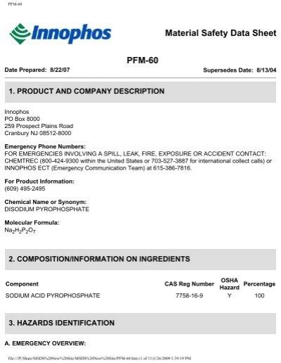 Material Safety Data Sheet PFM-60 - Innophos