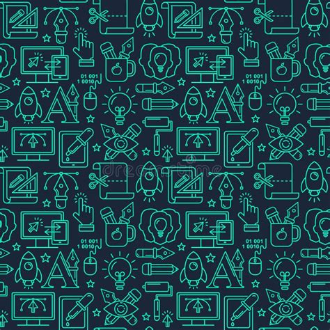 Graphic Designer Profession Seamless Pattern with Turquoise Linear ...