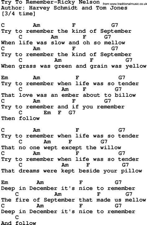 Country Music:Try To Remember-Ricky Nelson Lyrics and Chords