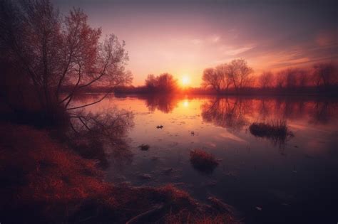 Premium AI Image | A sunset over a lake with trees and a lake in the ...