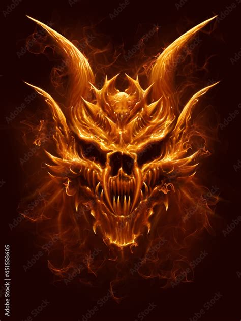 ภาพประกอบสต็อก Fire demon skull on the dark background. Digital ...